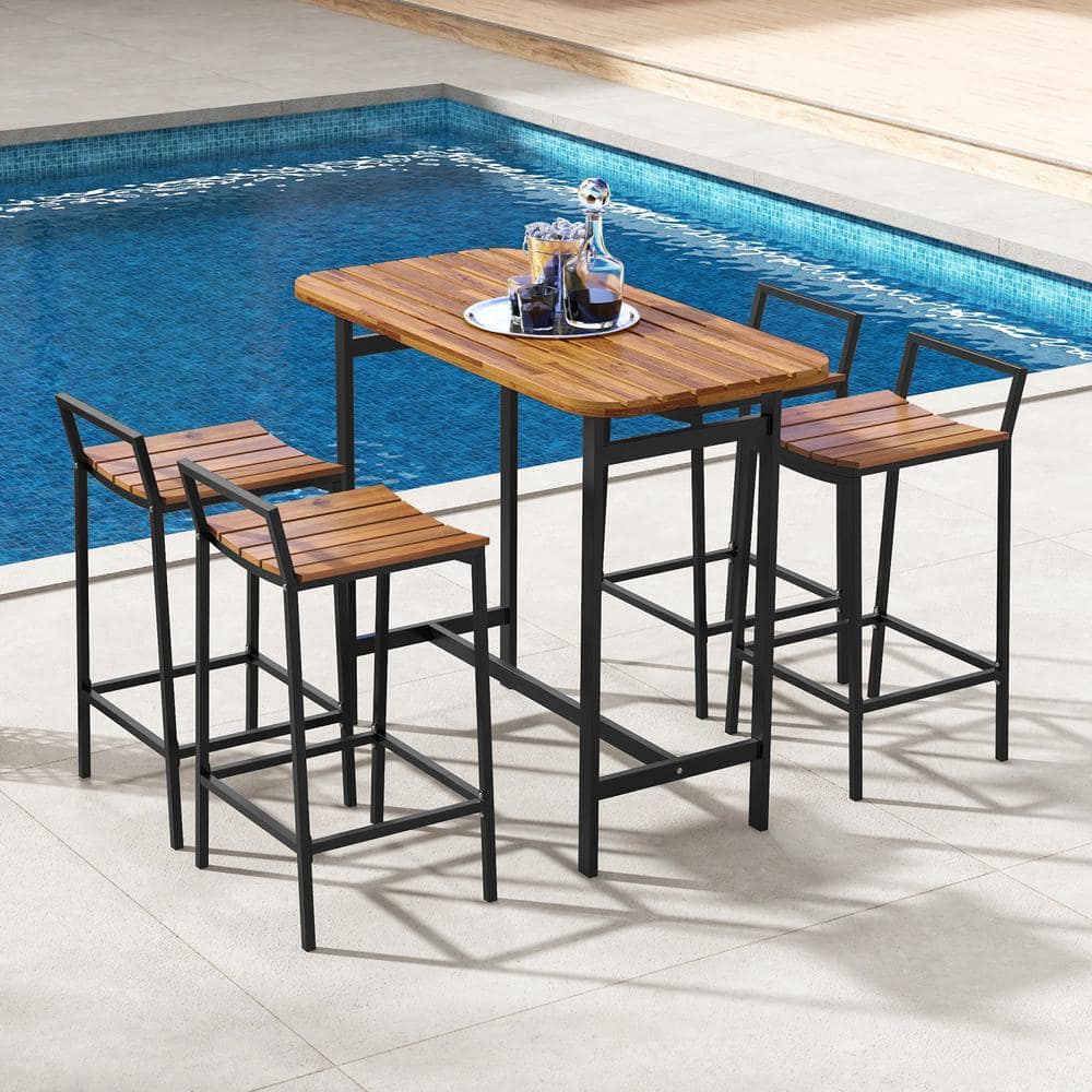 Natural and Black Acacia Wood 5-Piece Bar Height Table Set