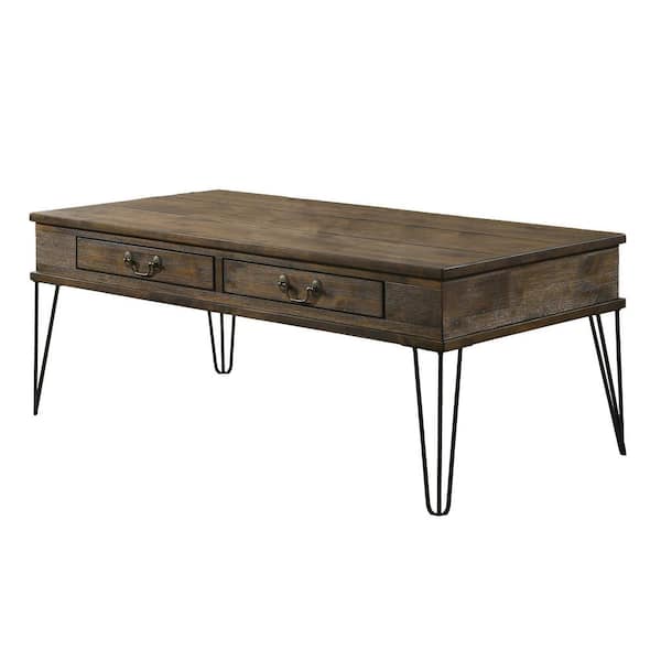 Best Quality Furniture Roberto 44 in. Rectangle Oak Color Wood Coffee Table With Metal Legs And 2 Drawers