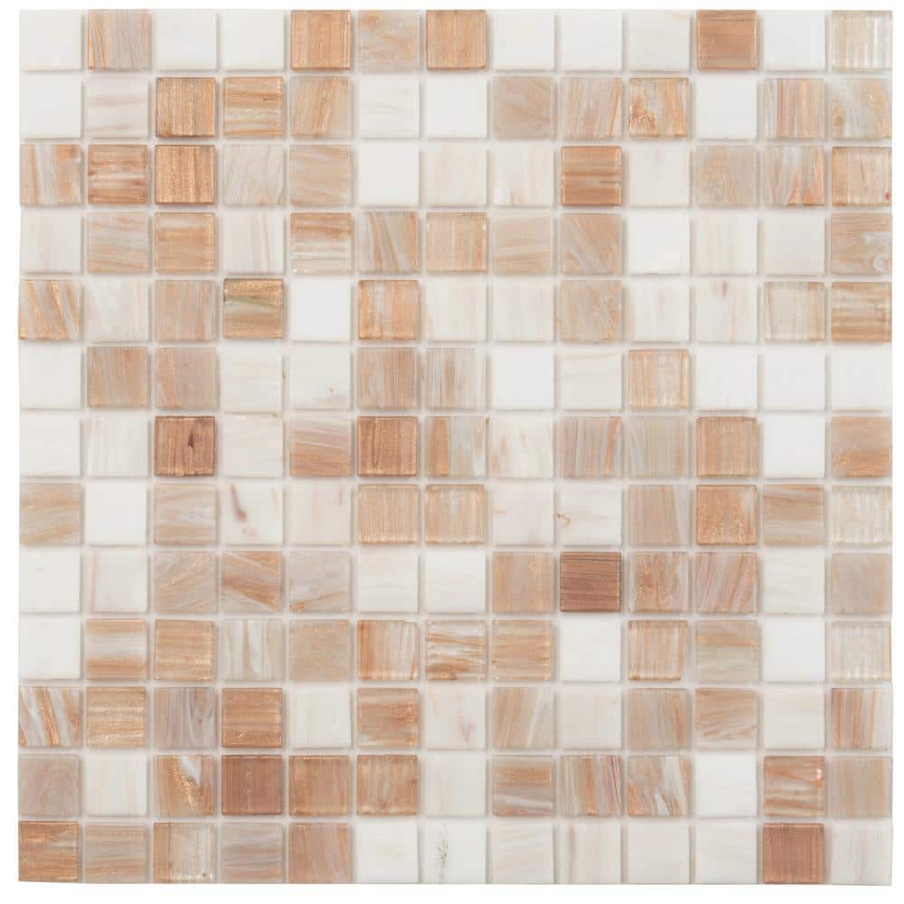 Glossy Beige and White Iridescent Glass Mosaic Tile