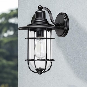 10 in. 1-Light Black Finish Hardwired Outdoor Wall Lantern Wall Sconce with Clear Glass Shade
