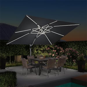 9 ft. x 12 ft. Aluminum Solar Powered LED Patio Cantilever Offset Umbrella with Base, Gray