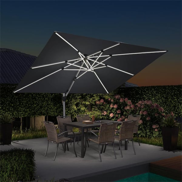 PURPLE LEAF 9 ft. x 12 ft. Aluminum Solar Powered LED Patio Cantilever Offset Umbrella with Base, Gray