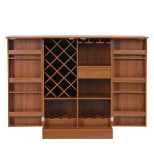 Walnut 41.9 in. H Bar Cabinet with Wine Rack, Shelves and Drawer Storage Cabinet Wine Cabinet with Folding Bar Tabletop