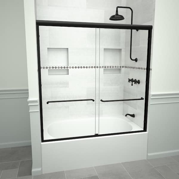 Tile Redi 6000 Series 60 in. W x 60 in. H Sliding Semi-Frameless Tub Doors in Matte Black with Towel Bar and Clear Glass
