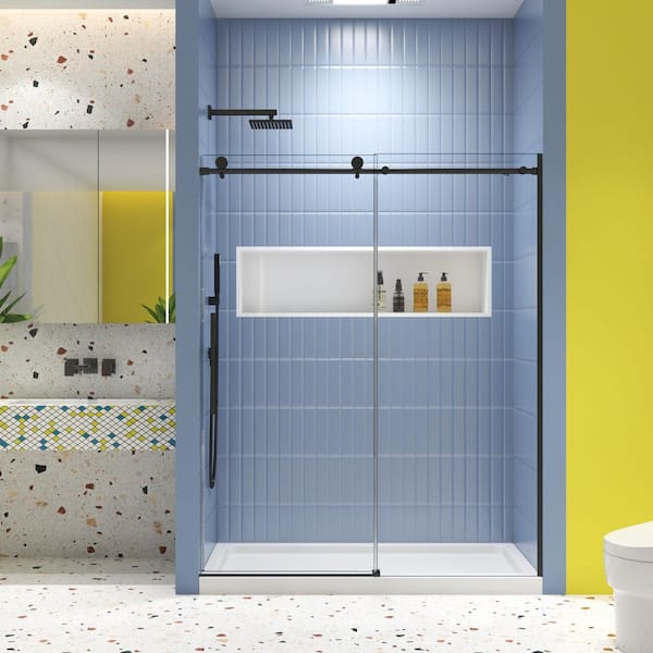 KeepTech 56-60 in. W x 74 in. H Sliding Semi-Frameless Soft Close Shower Door in Matted Black Finish with 5/16 in. Tempered Glass