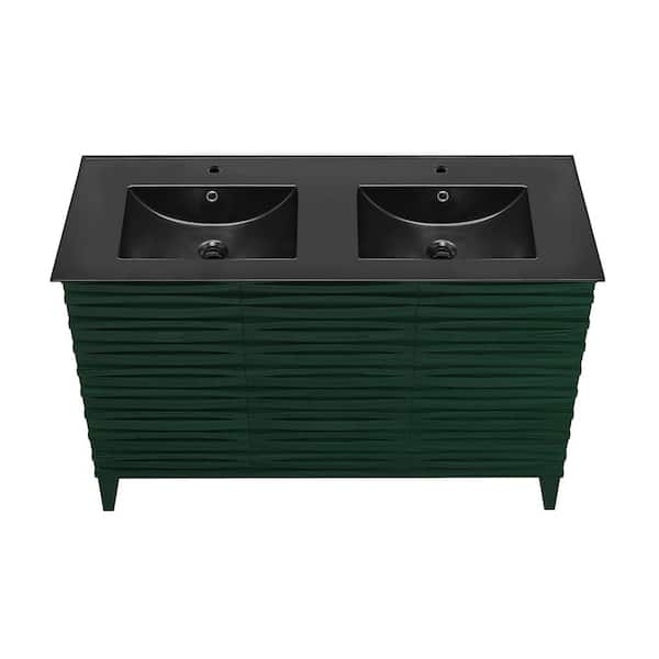 Cascade 48 in. Freestanding Bath Vanity in Green Oak with Black Ceramic Double Basin Sink Top