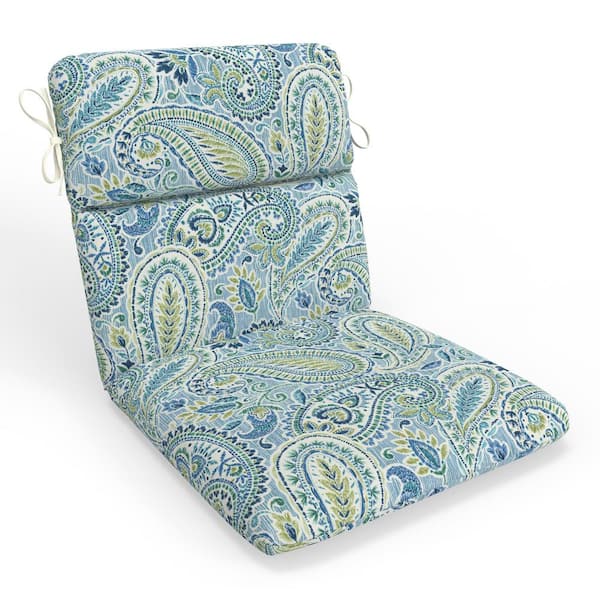 Pillow Perfect Paisley 18 in W x 3 in H Outdoor Piece Split Back Dining Chair Cushion Set w/ Ties 1-Count in Blue Arctic Stone