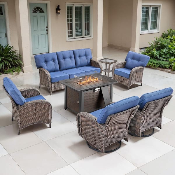 TWrap Brown 7-Piece Wicker Outdoor Patio All-Iron Fire Pit Deep Seating Set with Navy Blue Cushions