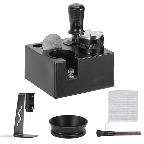Black 8-in-1 Espresso Tool Set with Tamper, Distributor, Funnel, Screen, Station, Stirrer, Towel & Brush