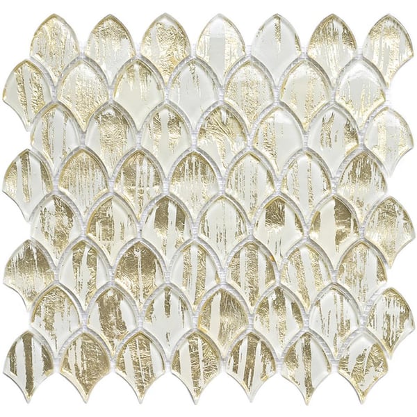 Apollo Tile Majeste 4" x 6" Glossy Gold and White Glass Mosaic Fan Shape Wall and Floor Sample Tile (0.13 sq. ft./Piece) (1-Pack)