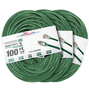 100 ft 12 Gauge/3 Conductors SJTW Indoor/Outdoor Extension Cord with Lighted End Green (3 Pack)