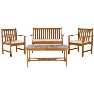 Burbank Natural Brown 4-Piece Wood Patio Conversation Set with Beige Cushions