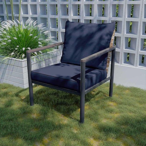 Wicker Outdoor Chaise Lounge with Blue Cushions