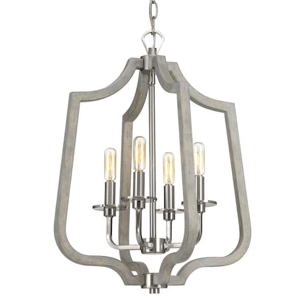 Progress Lighting Glenora Collection 4-Light Brushed Nickel Pendant with Weathered Gray Wood Accents