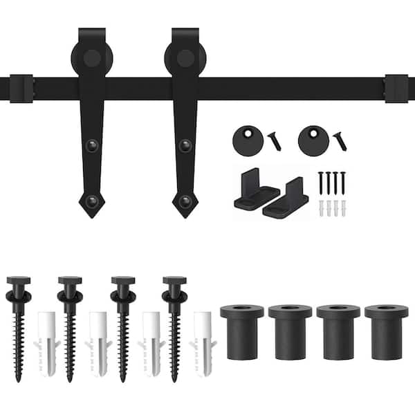 WINSOON 5 ft. Black Heavy-Duty Steel Rolling Barn Door Hardware Kit for Single Wood Door with Non-Routed Floor Guide
