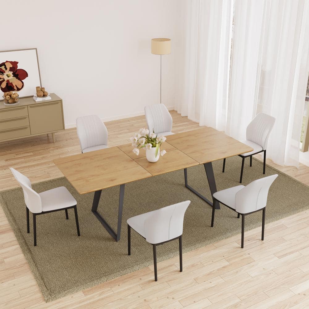 7-Piece Oak Rectangular Extendable Dining Table Set, Wooden Table with 6-White Chairs -  GOJANE, SG000341LWYAAA