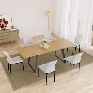 7-Piece Oak Rectangular Extendable Dining Table Set, Wooden Table with 6-White Chairs