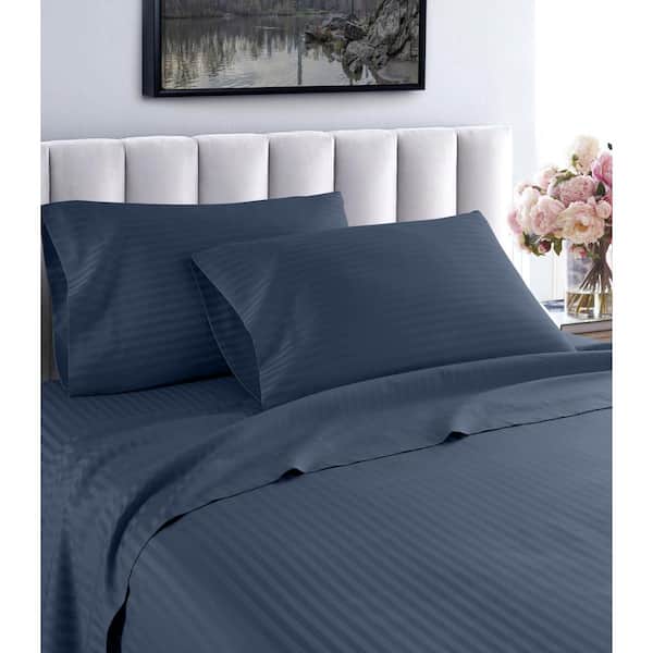Unbranded Fresh Home 4-Piece Navy Striped 100% Cotton Full Deep Pocket Sheet Set