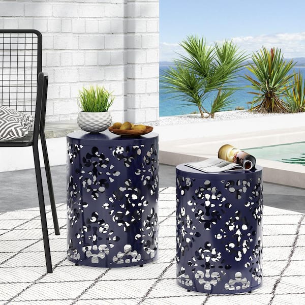 Zeus & Ruta 18 in. H Blue Metal Outdoor Patio Side Table with Elegant Iron Cut Design for Outdoors, Garden, Lawn, Backyard(2-Pack)
