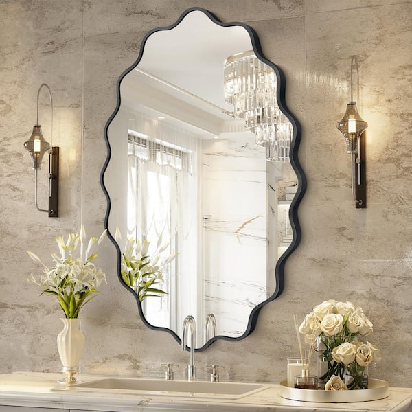 22 in. W x 30 in. H Oval Black Aluminum Alloy Framed Scalloped Wavy Wall Mirror
