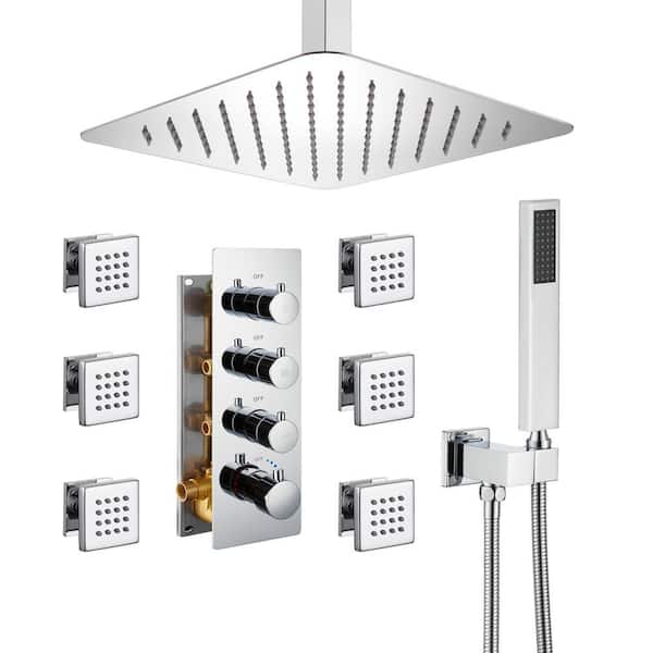 Unbranded Luxury 7-Spray Patterns Thermostatic 12 in. Ceiling Mount Rainfall Dual Shower Heads with 6-Jet in Chrome