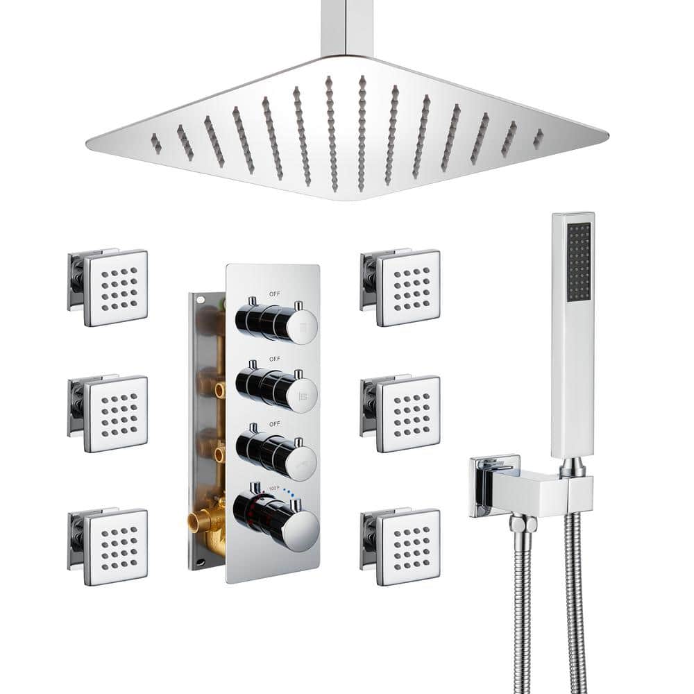 Mondawe Luxury 7-Spray Patterns Thermostatic 12 in. Ceiling Mount Rainfall Dual Shower Heads with 6-Jet in Chrome, Grey -  WF6310-12CH