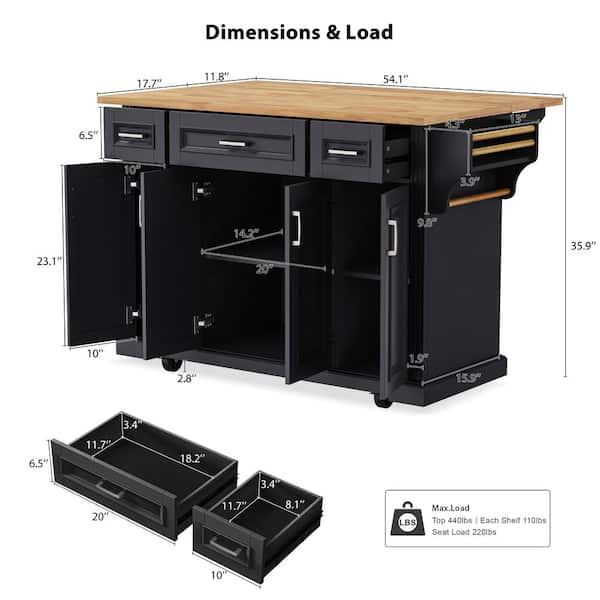Unbranded Black Kitchen Cart with Rubber Wood Drop Leaf on 4 Wheels with 4 Doors and 3 Drawers