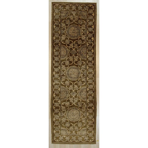 EORC Handmade Afghan Wool Brown 3 ft. x 10 ft. Transitional All Over Turkish Knot Area Rug