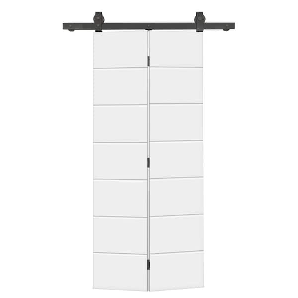 CALHOME 32 in. x 80 in. Hollow Core White Painted MDF Composite Modern Bi-Fold Barn Door with Sliding Hardware Kit
