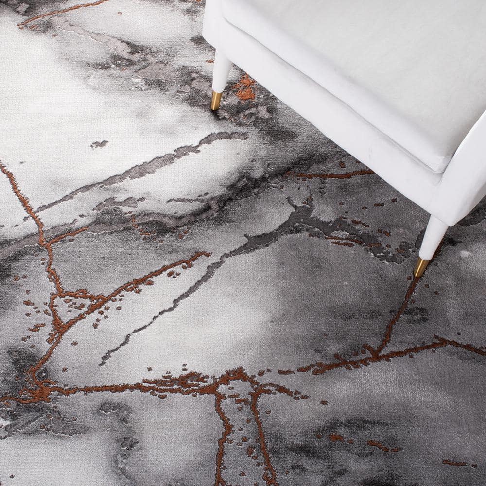 Gray and Orange Round Stain-Resistant Synthetic Rug, 10' x 10'