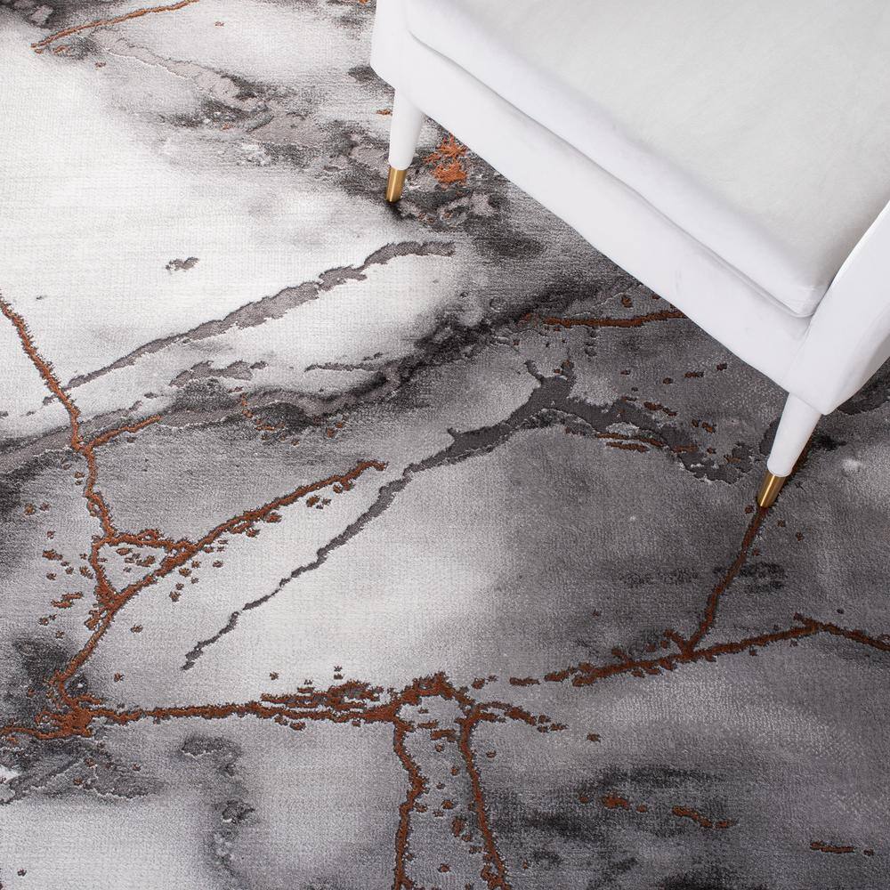 Gray and Orange Abstract Synthetic Runner Rug, 2'3" x 10'