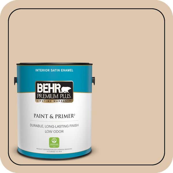 BEHR PREMIUM PLUS 1 gal. #N260-2 Almond Latte Satin Enamel Low Odor Interior Paint & Primer