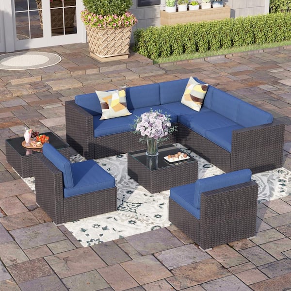 PHI VILLA Dark Brown 7 Seat 9-Piece Rattan Wicker Steel Patio Outdoor Sectional Set with Blue Cushions and 2 Coffee Tables