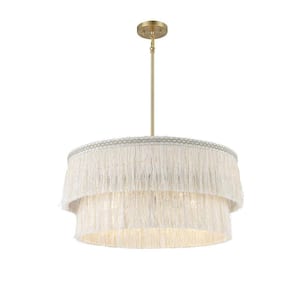 26 in. W x 12 in. H 5-Light Natural Brass Statement Pendant Light with Frayed Thread Shade