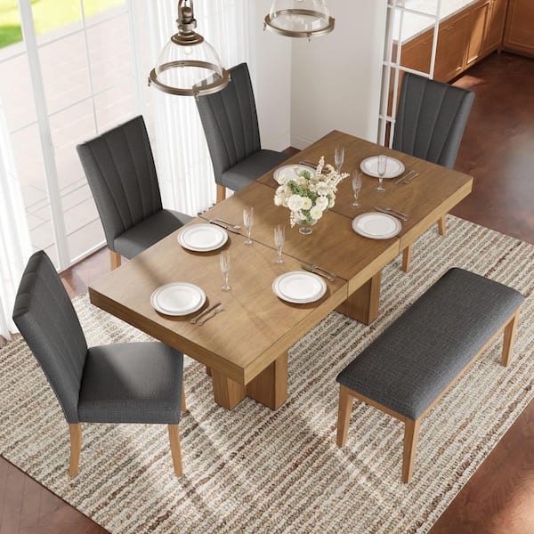 6-Piece Brown Extendable Dining Sets with 18" Removable Leaf, 4 Gray Linen Upholstered Chairs, 1 Bench, Trestle Base