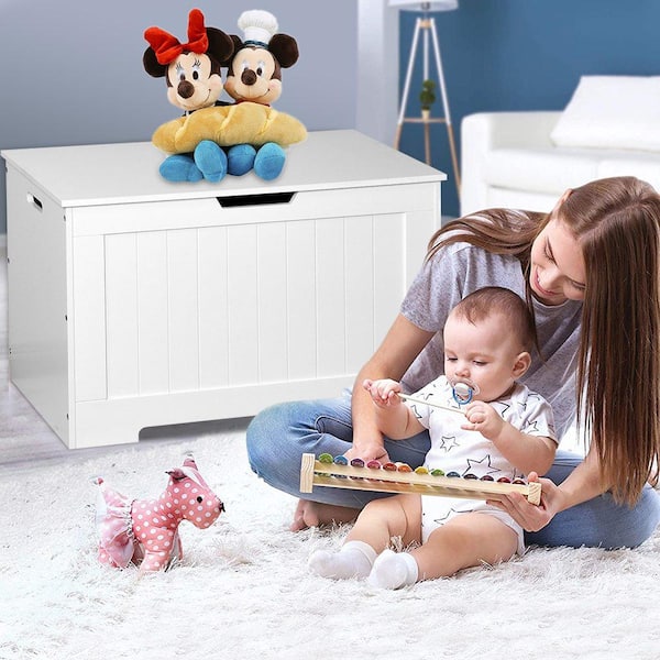 Yofe White Wooden Lift Top Storage/Box Organizer/Kid's Toy Chest with 2 Safety Hinge, Bench for Bedroom/Entryway/Living Room, White 1