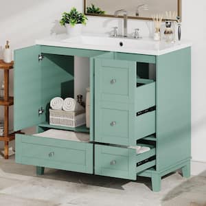 36 in. W x 18 in. D x 34 in. H Single Sink Freestanding Bath Vanity in Green with White Resin Top and Storage