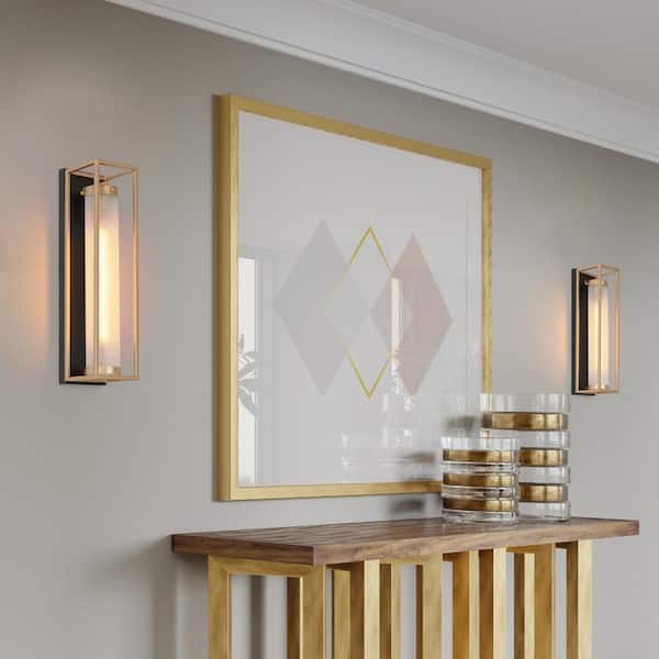 1-Light 18 in.H Dark Gold Modern Wall Sconce, Black Wall Light with Tube Frosted Glass, Farmhouse Rectangle Wall Lamp