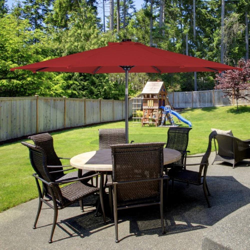 10 ft. Burgundy Metal Market Patio Umbrella with LED Lights