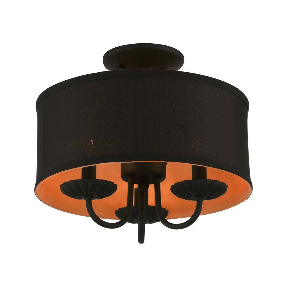 Transitional Black Glass Drum Semi-Flush Mount with Silky Orange Accent