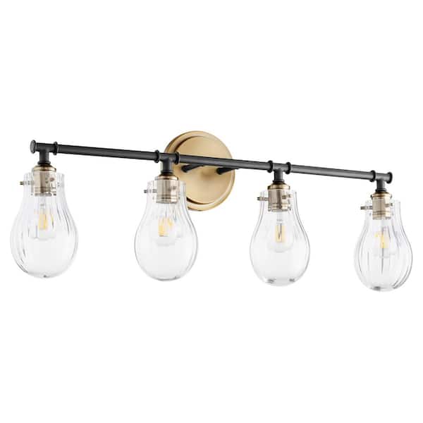 Quorum INTERNATIONAL Dillinger Soft Contemporary, 32.5 in. Width in. 4-Lights Satin Nickel Finish Vanity Light with Seeded Glass Shades