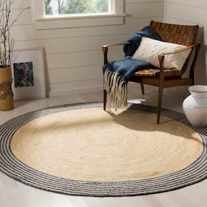 Cape Cod Ivory/Blue 7 ft. x 7 ft. Striped Border Solid Color Round Area Rug