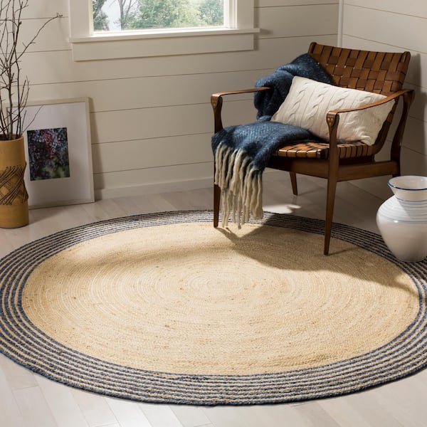 Cape Cod Ivory/Blue 7 ft. x 7 ft. Striped Border Solid Color Round Area Rug