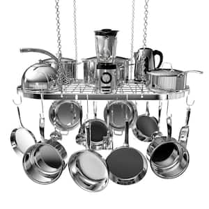 33.2 in. x 16.5 in. Silver Heavy-Duty Hanging Pot Rack, Alloy Steel Ceiling Mount Pot and Pan Organizer with 15-Hooks