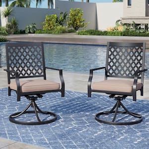 Black Metal Elegant Patio Outdoor Dining Swivel Chair with Beige Cushion (2-Pack)