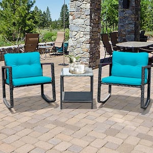 3-Pieces Rattan Rocking Chair Table Set Patio Furniture Set with Blue Cushions