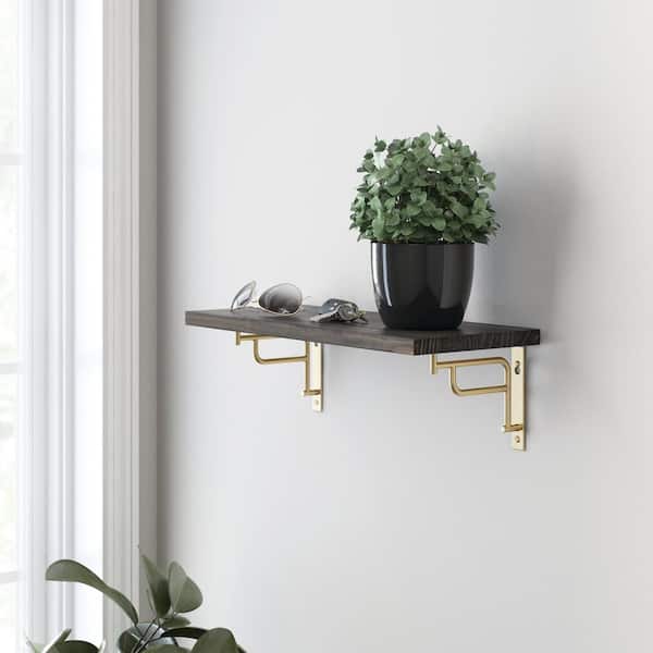 24 in. x 8 in. x 6 in. Dark Stained Solid Pine Wood Decorative Wall Shelf with Satin Gold Art Deco Steel Brackets