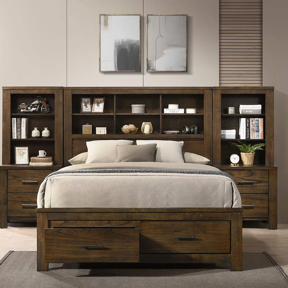 King Oak Wood Frame Bed with Storage Drawers and Headboard
