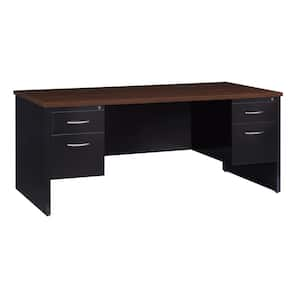 72 in. W x 36 in. D Black/Walnut 4-Drawer Executive Office Modular Double Pedestal File Office Desk