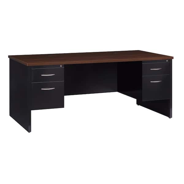 Hirsh 72 in. W x 36 in. D Black/Walnut 4-Drawer Executive Office Modular Double Pedestal File Office Desk, Arch Pull